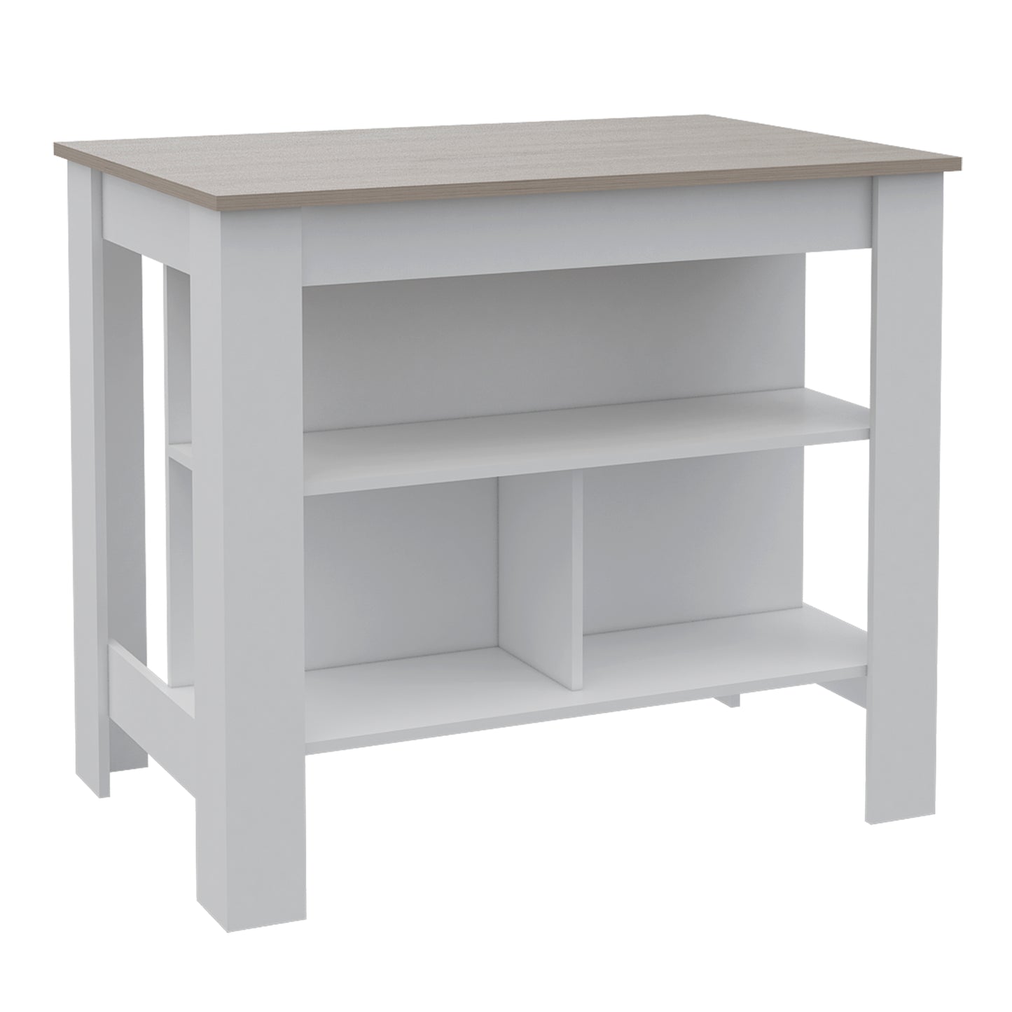 Modern white and wood grain kitchen island with open shelving