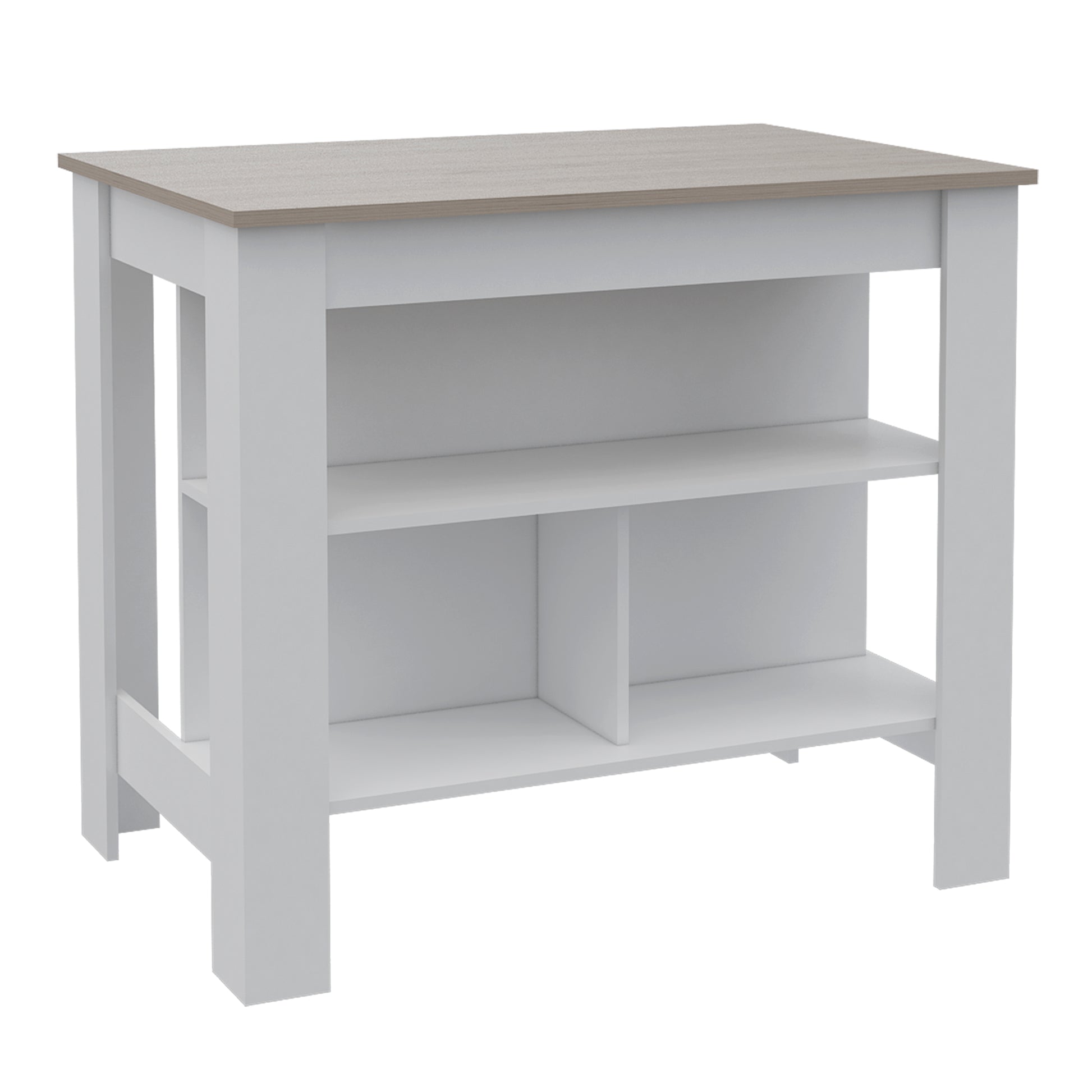 Modern white and wood grain kitchen island with open shelving