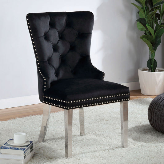 TREATLIFE HOME Set of 2 Contemporary Black Flannelette Wingback Dining Chairs with Button-Tufted Upholstery and Chrome Legs
