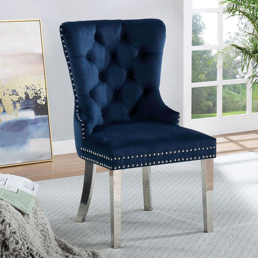 TREATLIFE HOME Set of 2 Contemporary Blue Flannelette Wingback Dining Chairs with Button-Tufted Upholstery and Chrome Legs