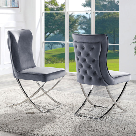 TREATLIFE HOME Set of 2 Upholstered Dining Side Chairs, Gray Velvet with Chrome Frame, Button-Tufted Backrest, Modern Glam Style