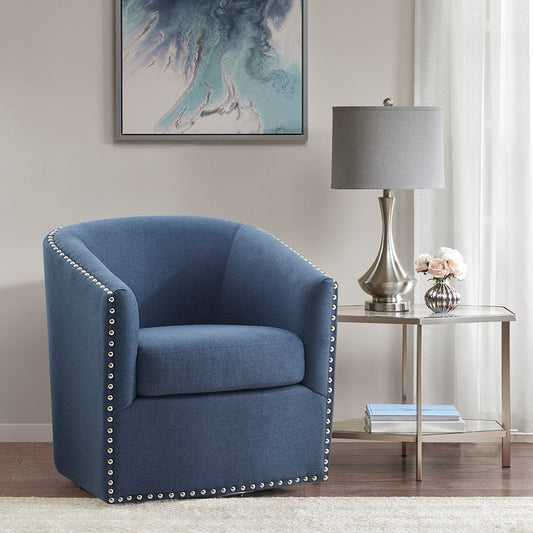 TREATLIFE HOME Blue Upholstered Swivel Chair with 360 Degree Rotation, No Assembly Required, Elegant Barrel Design