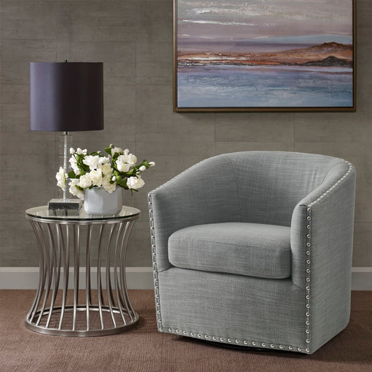 TREATLIFE HOME Barrel Swivel Chair with Foam Cushion and Black Metal Base, Elegant Design with Silver Nailheads, Grey Fabric