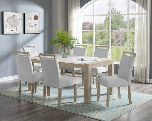 Modern white marble dining table with six grey upholstered chairs