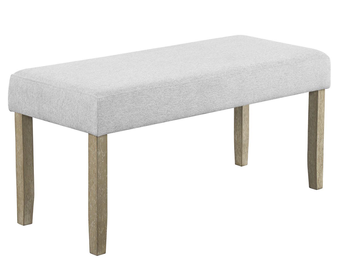Light grey fabric bench with distressed wood legs