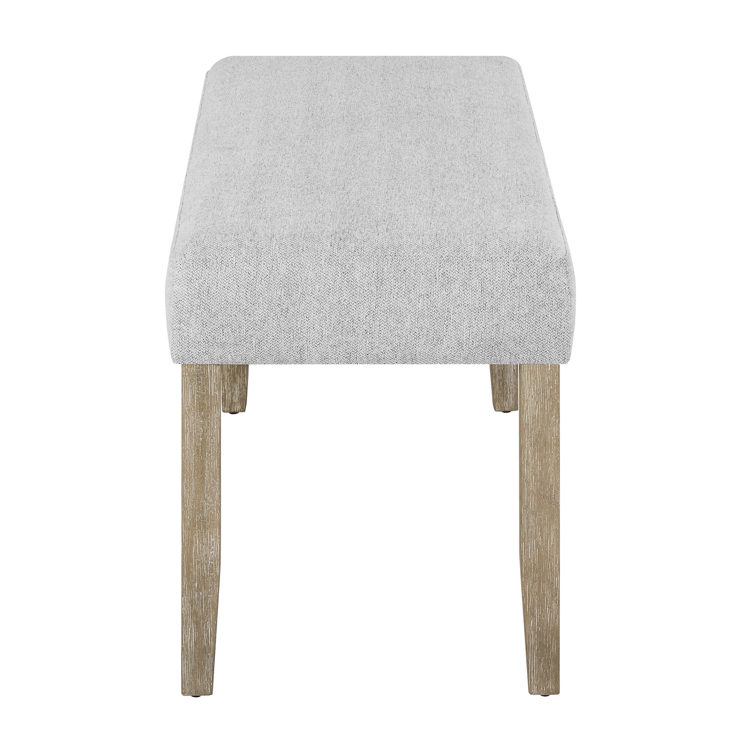 Light gray upholstered dining bench with rustic wood legs