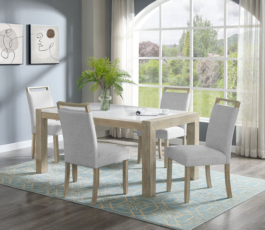 Light grey upholstered dining chairs with natural wood frame accents