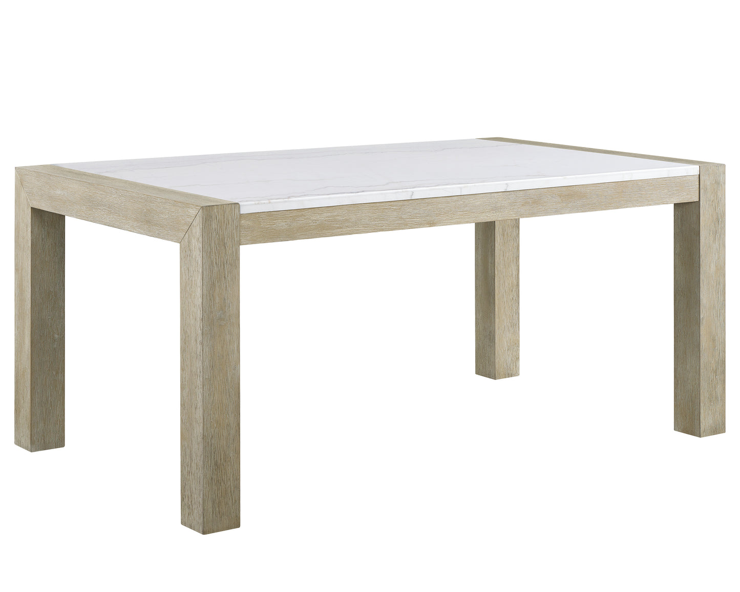 Light oak wood dining table with a white marble top