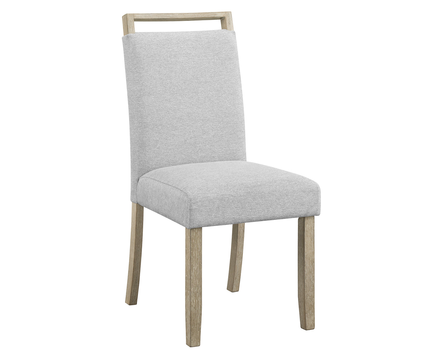 Light gray upholstered dining chair with light wood legs and frame