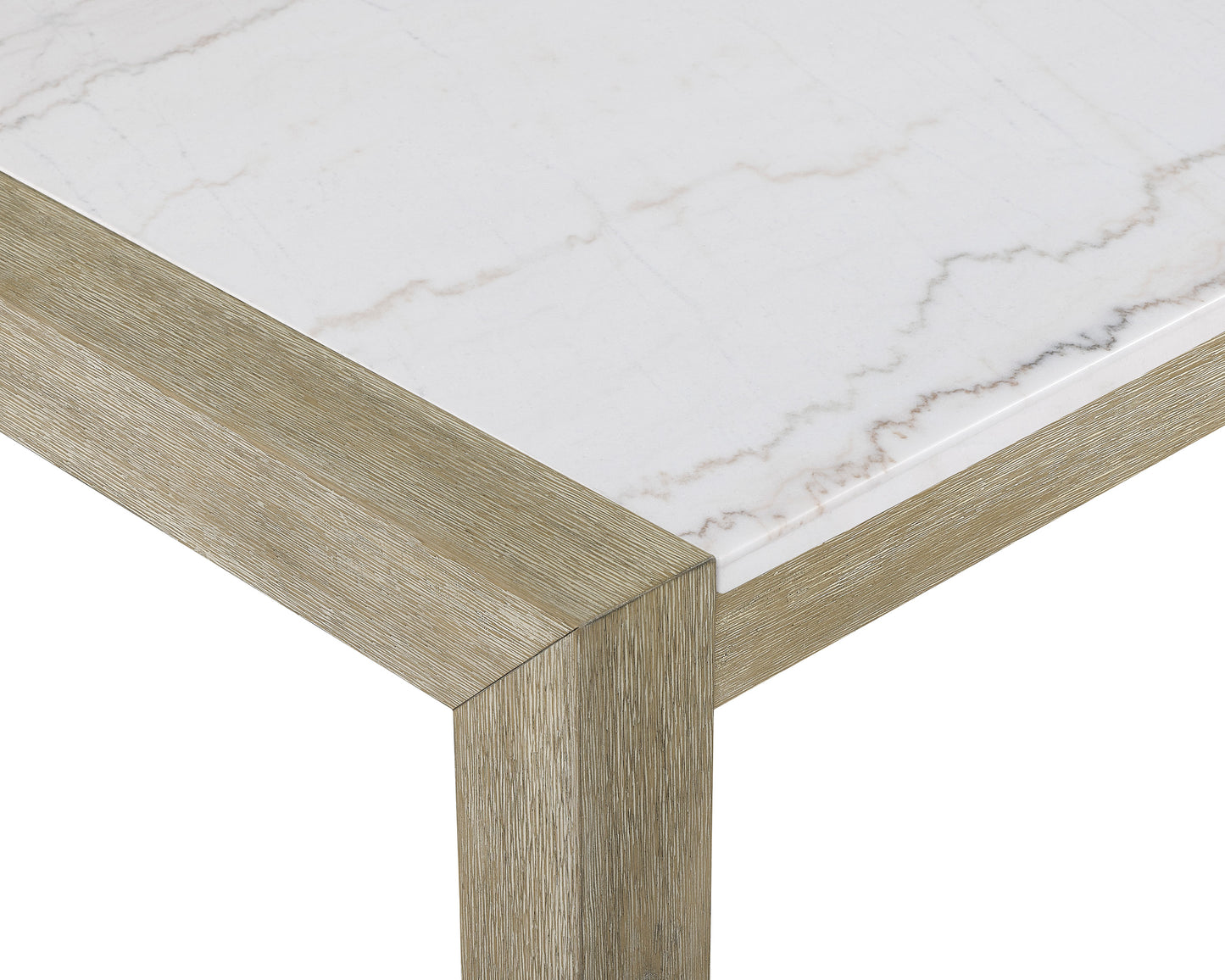 White marble tabletop with subtle grey veining and a distressed wood frame