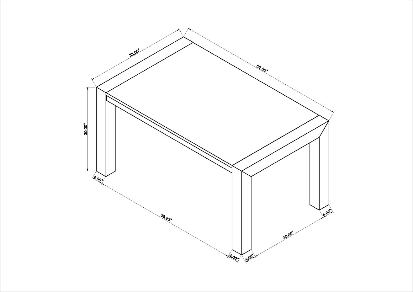 Line drawing of rectangular dining table with dimensions  L x  W x  H