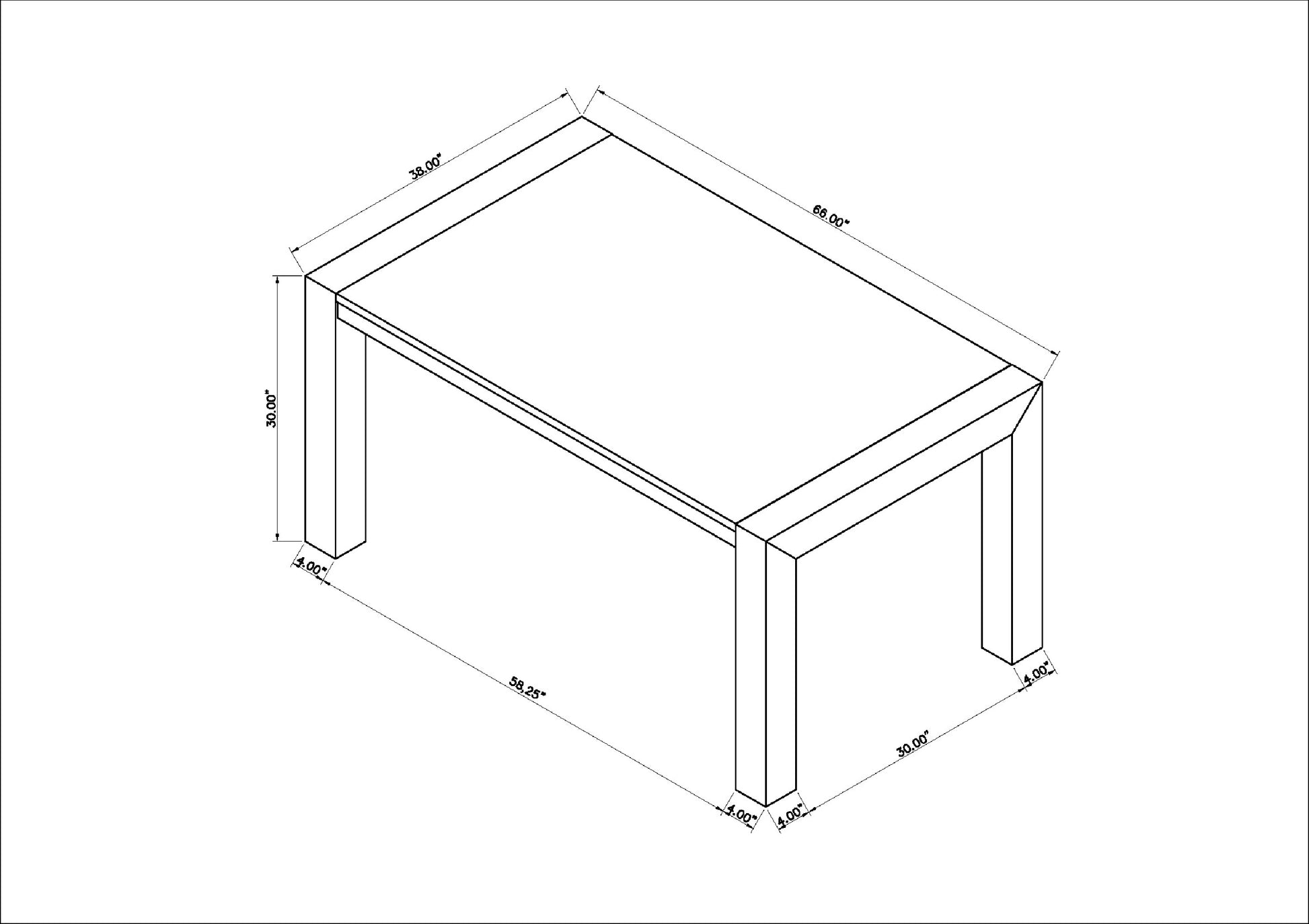 Line drawing of rectangular dining table with dimensions  L x  W x  H