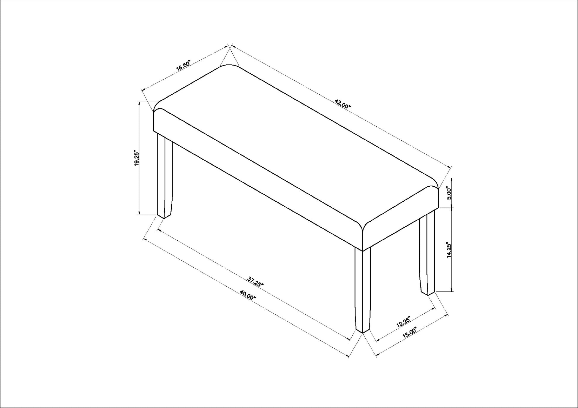Isometric view of a cushioned bench with dimensions