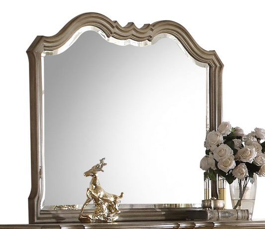 ornate antique silver accent mirror with curved top and deer figurine