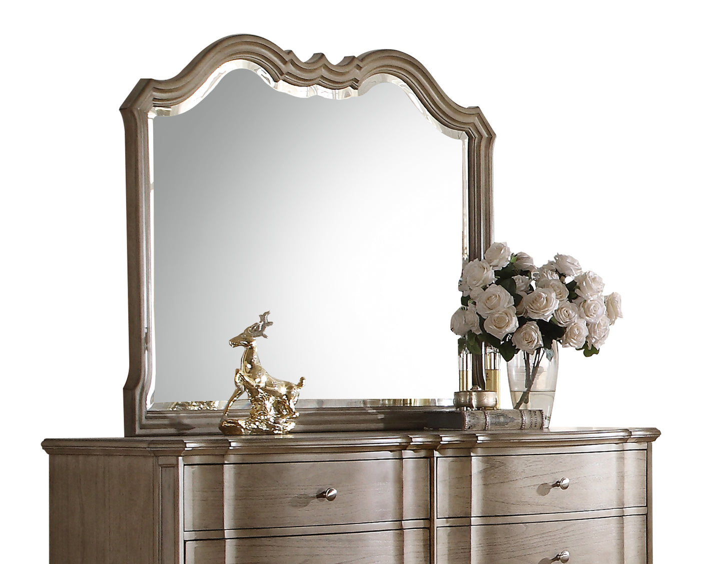 Gray wood dresser with ornate mirror and gold deer figurine
