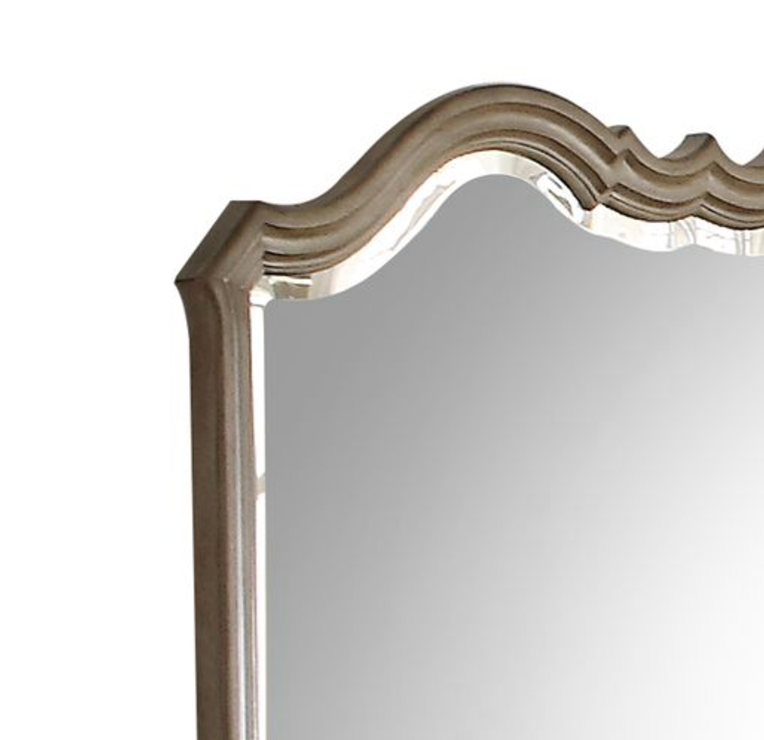 Ornate carved wooden mirror frame in antiqued silver finish suitable for a vanity