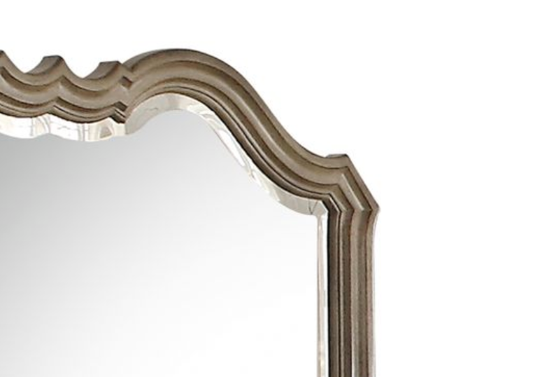 Ornate carved silver mirror frame detail with beveled edge