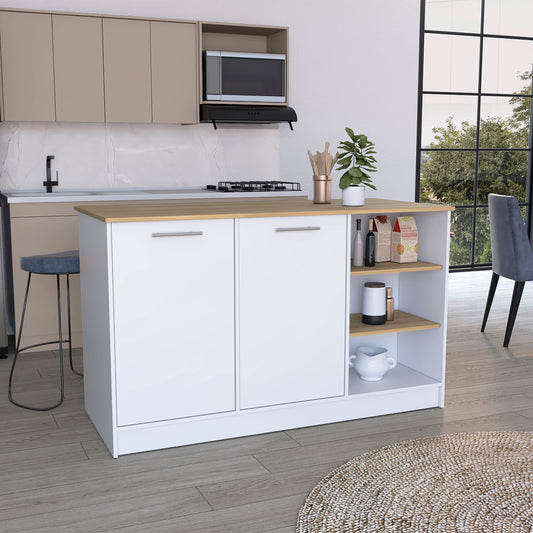 White kitchen island with wooden countertop and open shelves for storage