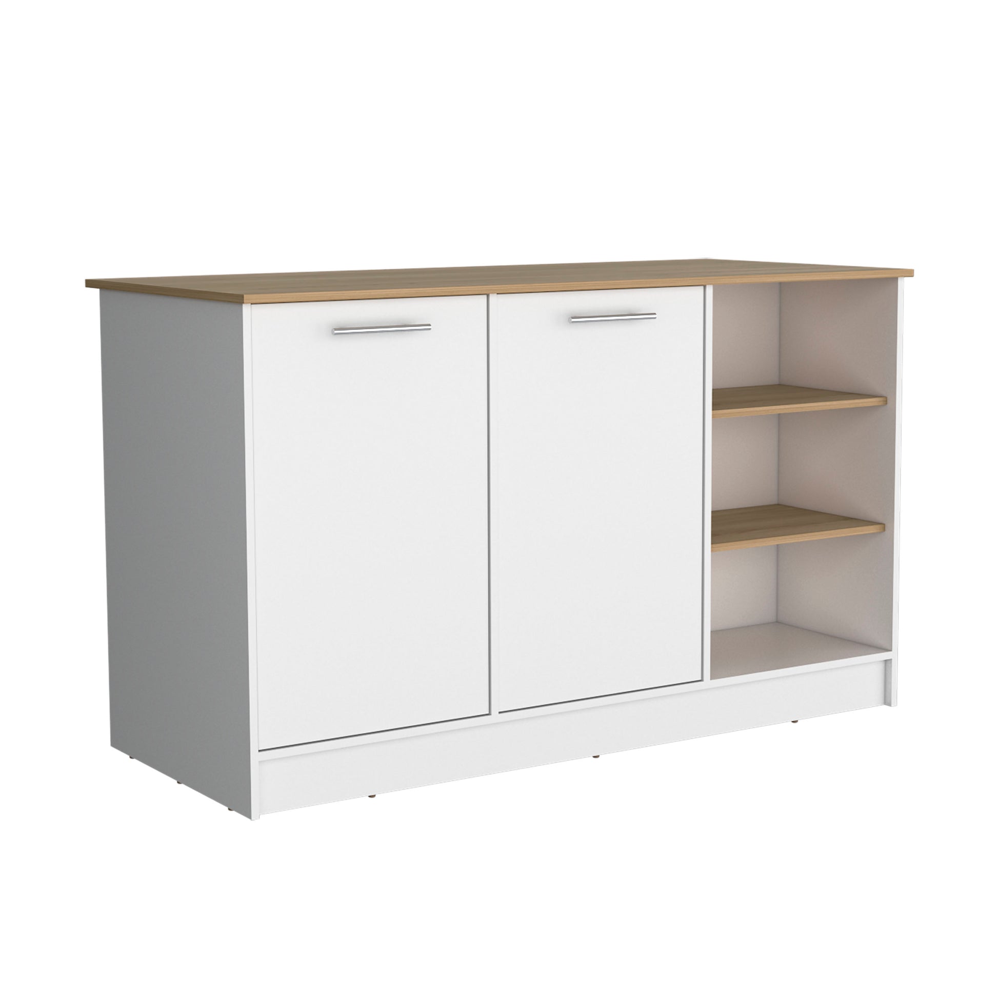 White twodoor cabinet with oakeffect top and open shelving