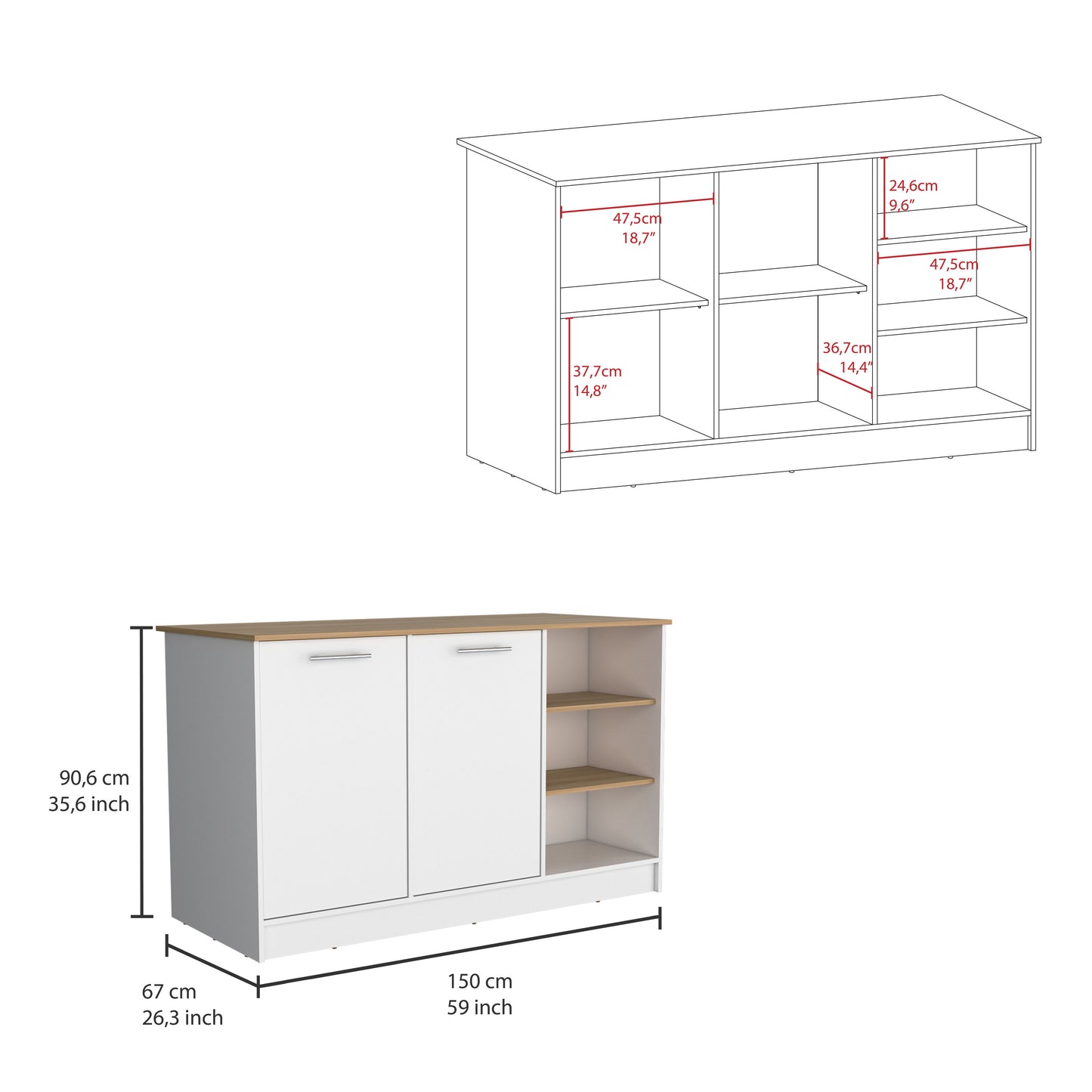 White and wood buffet with two doors and open shelving for storage