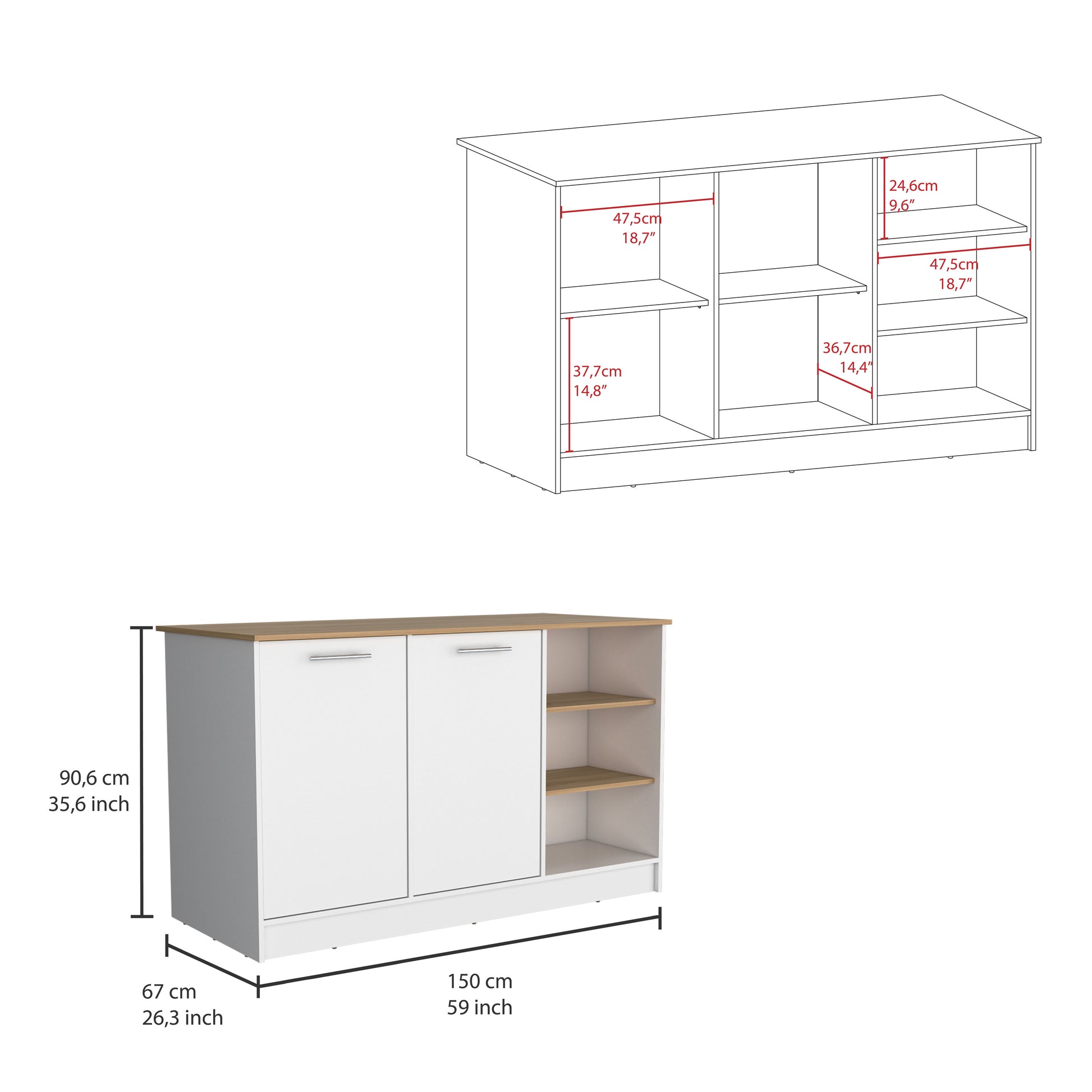 White and wood buffet with two doors and open shelving for storage