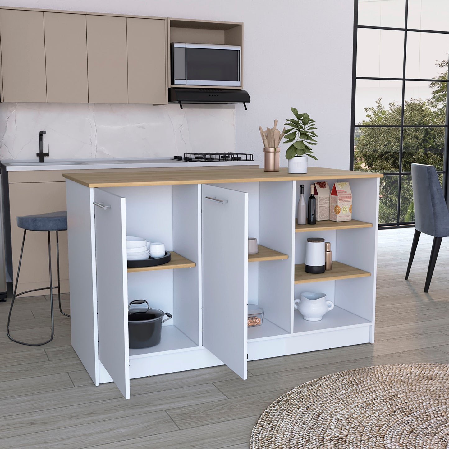 White and wood kitchen island with open shelving and cabinets