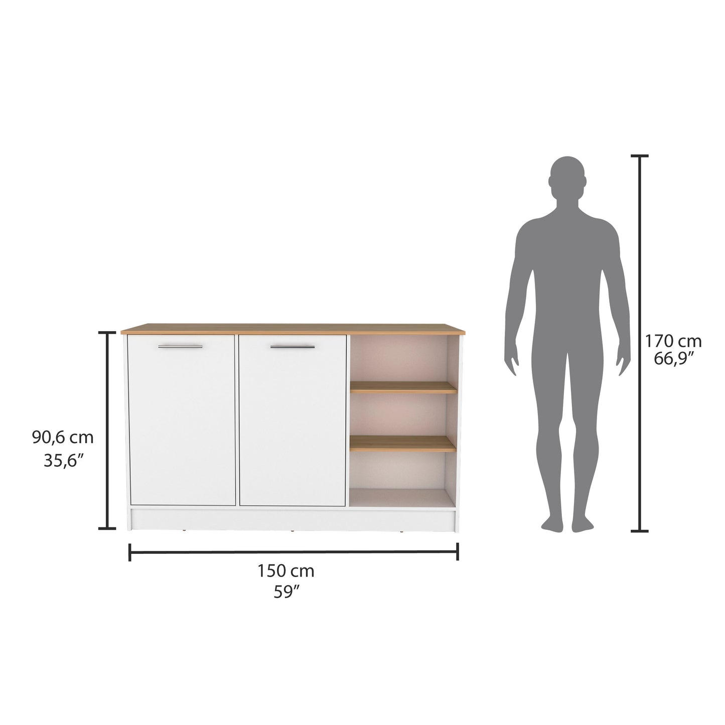 White and wood buffet sideboard with two doors and open shelving shown with scale dimensions