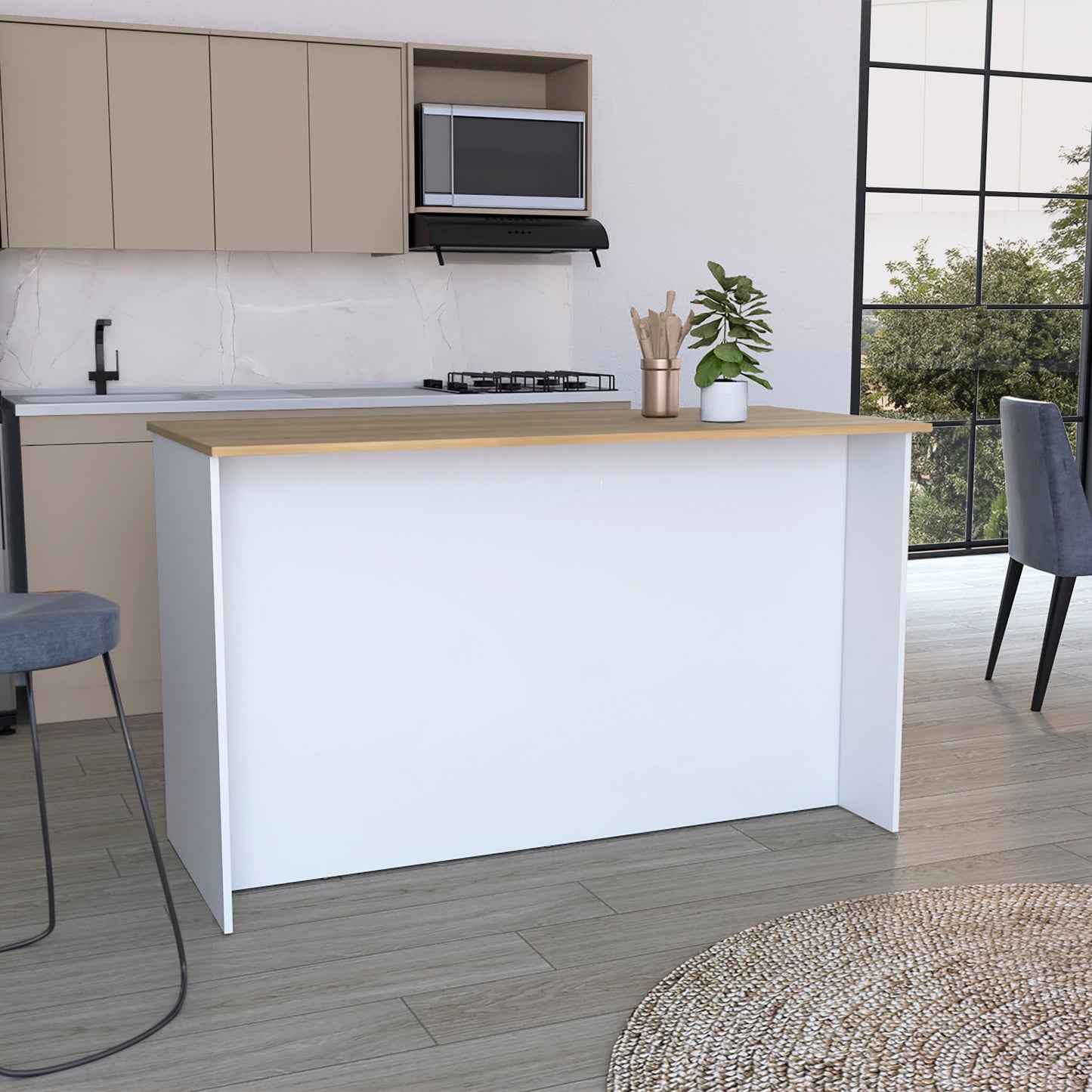Modern white kitchen island with a light oak countertop and minimalist design