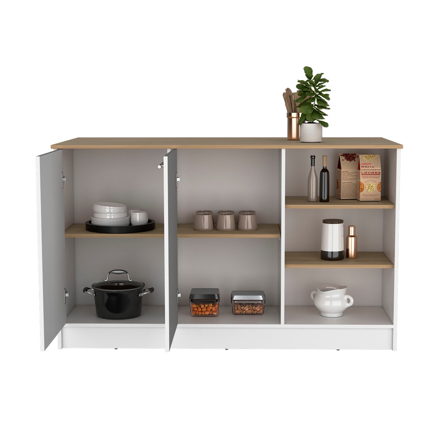 White modern sideboard with open doors showcasing dishes and cookware
