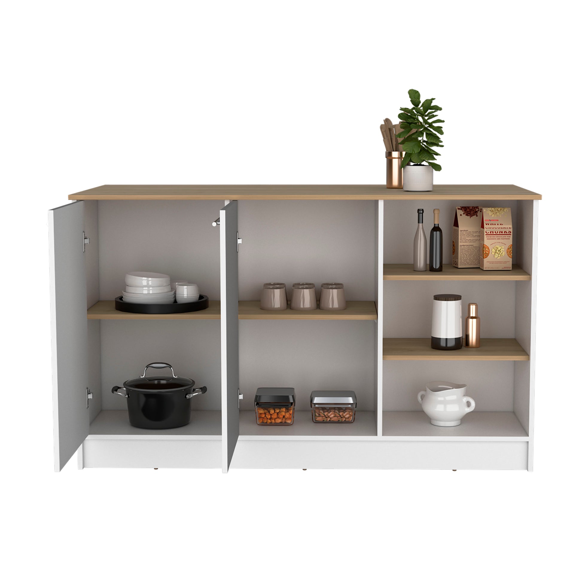 White modern sideboard with open doors showcasing dishes and cookware