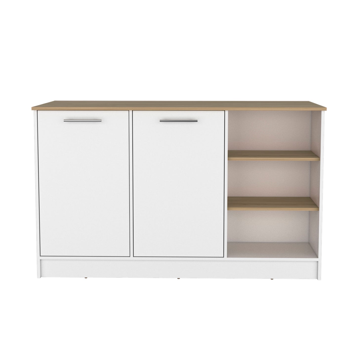 White and oak entryway cabinet with two doors and open shelving