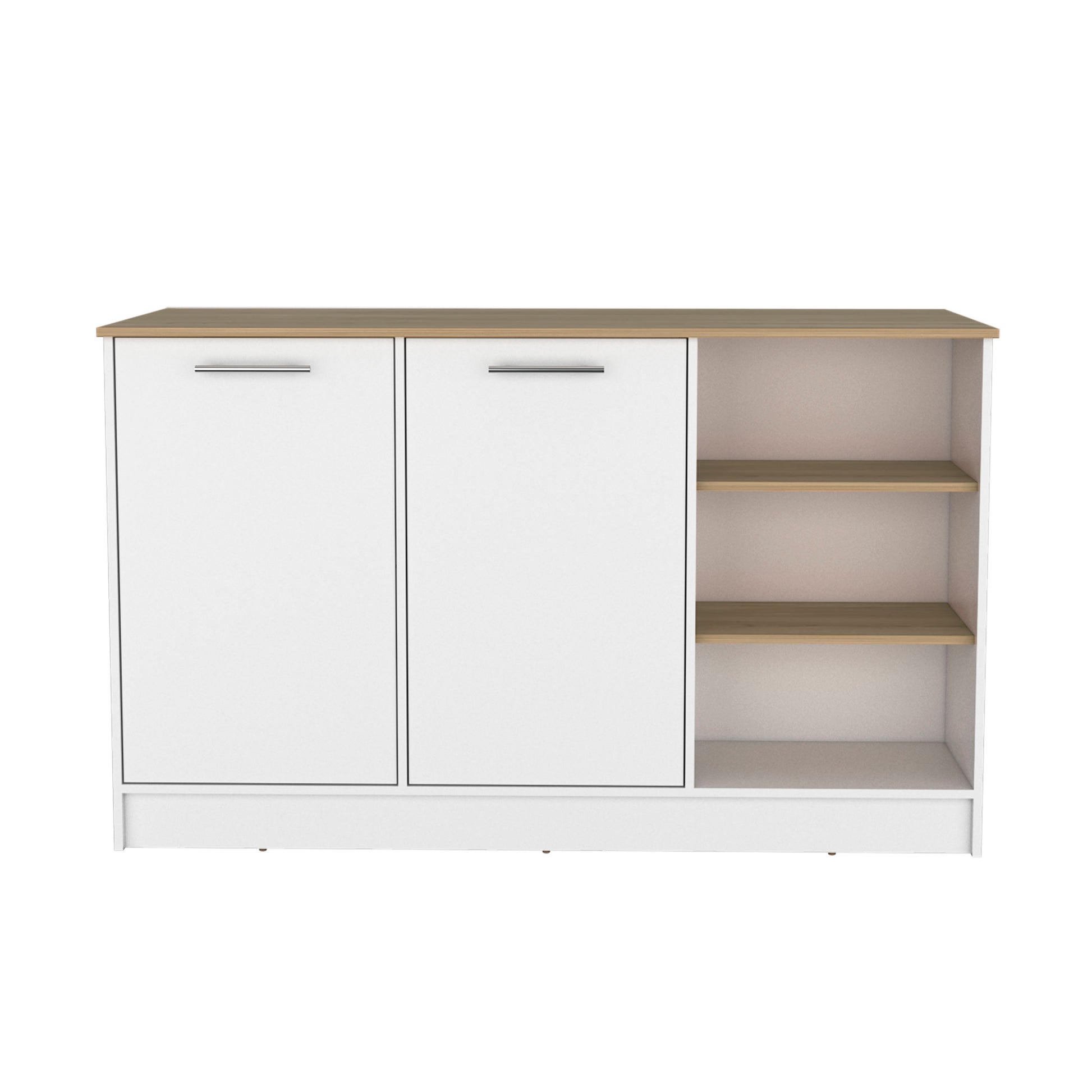 White and oak entryway cabinet with two doors and open shelving