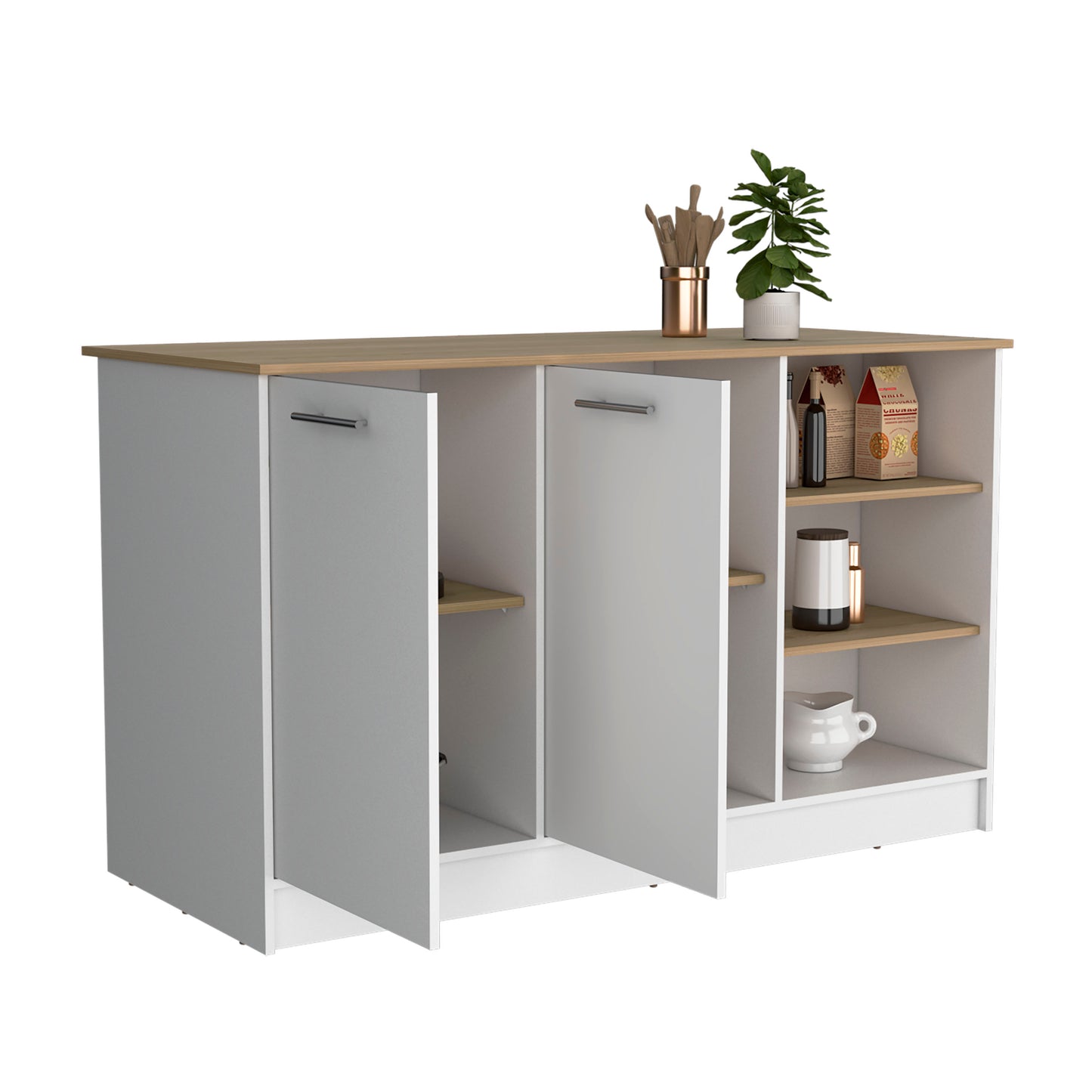 White and oak modern sideboard with three doors and open shelving