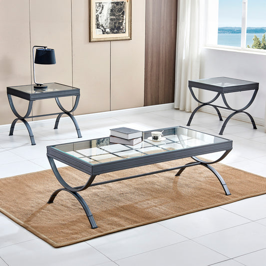 TREATLIFE HOME 3 Piece Cocktail and End Table Set with Tempered Glass Top and Metal Base, Hour Glass Legs, Silver