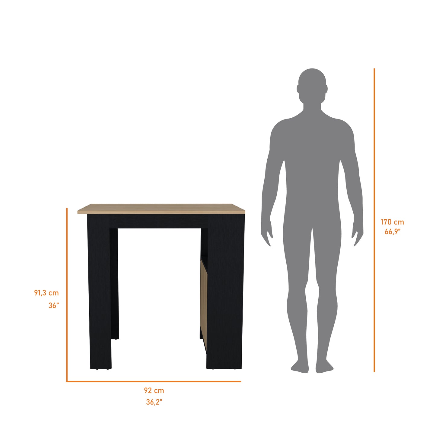 Black and wood grain console table dimensions shown with a human silhouette for scale
