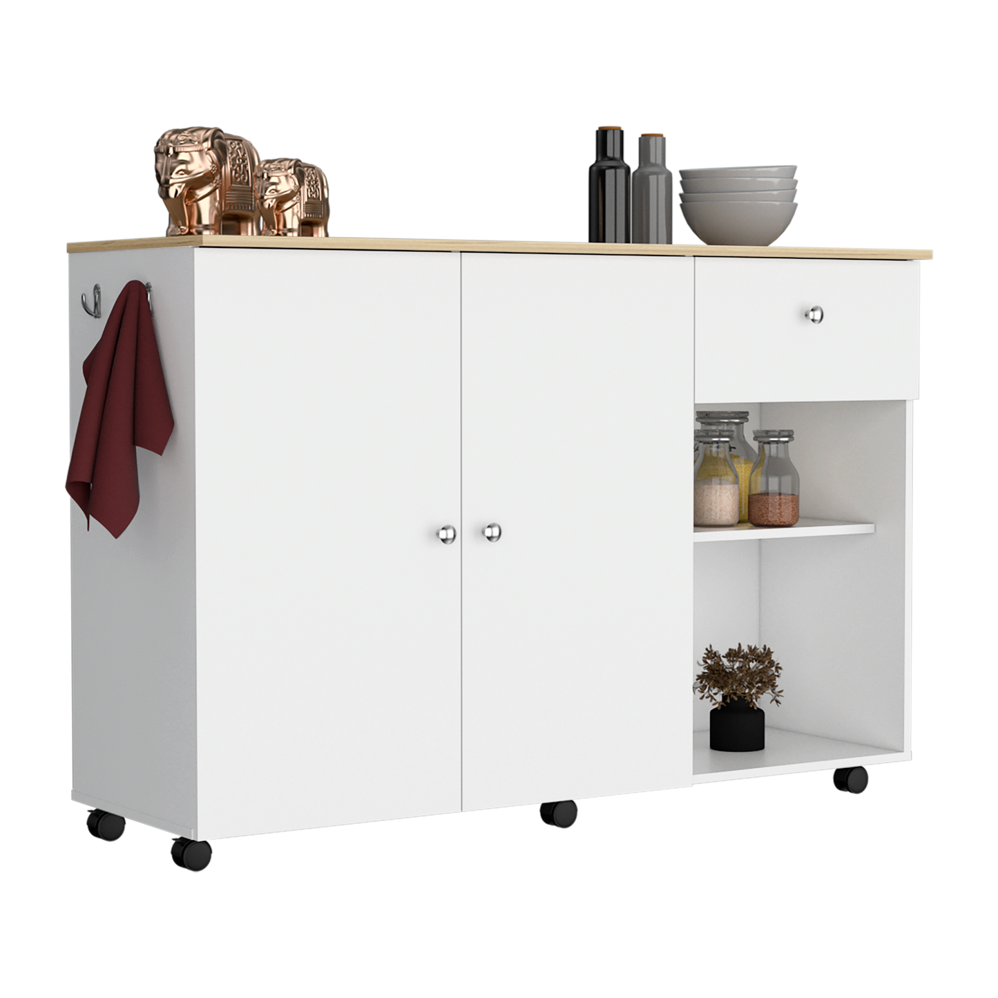 White kitchen island with double doors drawer open shelf and towel rack