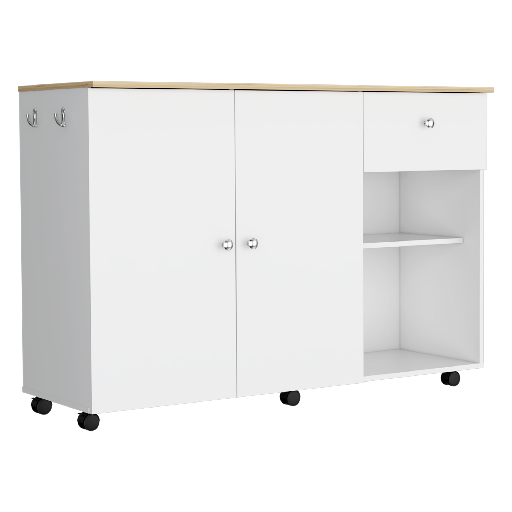 White entry cabinet with wood top and  hooks