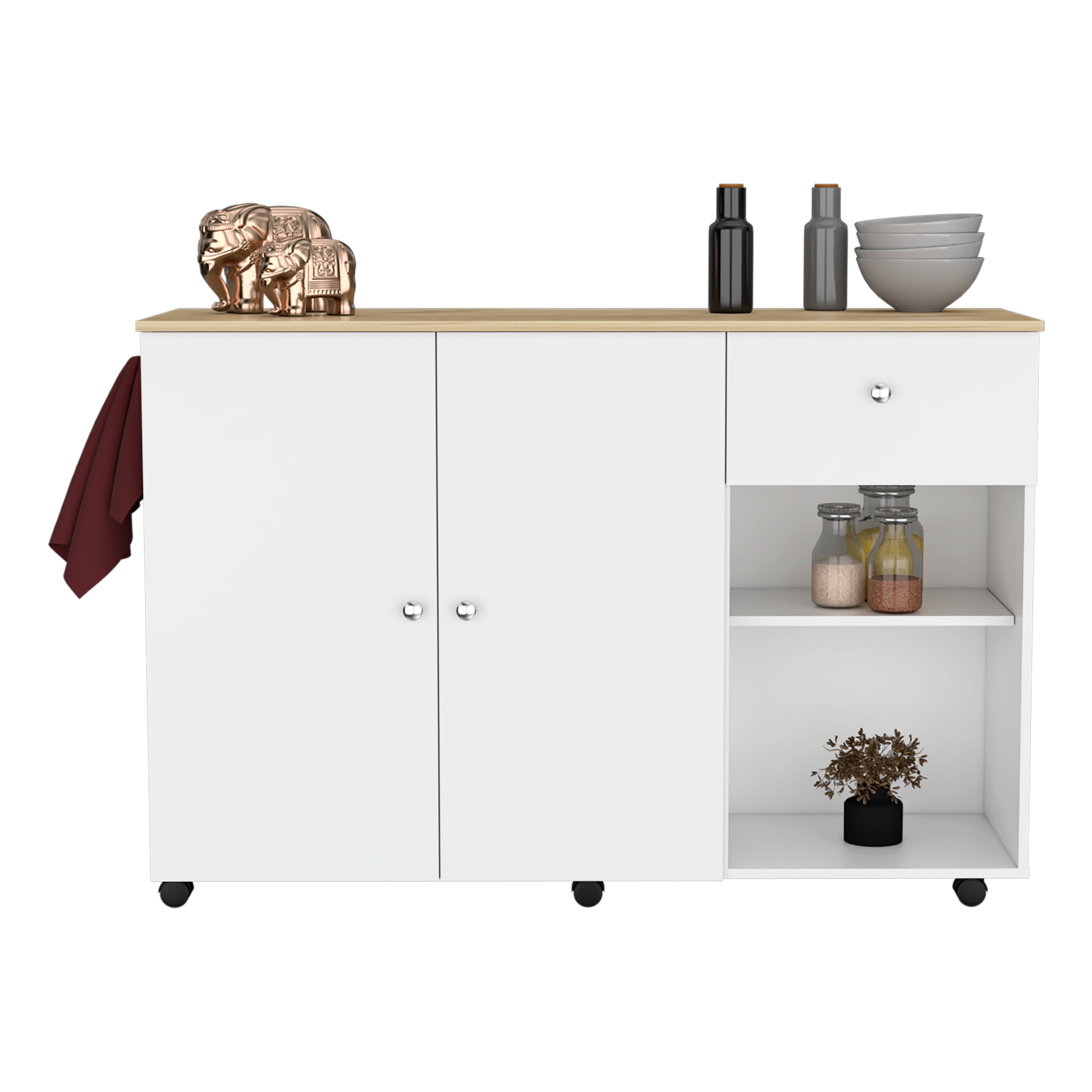 White kitchen cart with butcher block top featuring two cabinet doors and a drawer