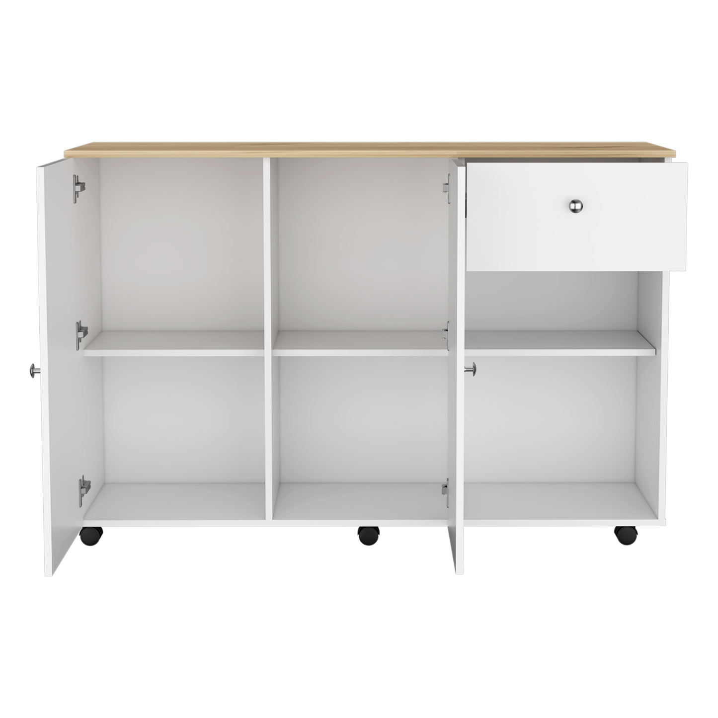White and wood grain storage cabinet with open doors and one drawer