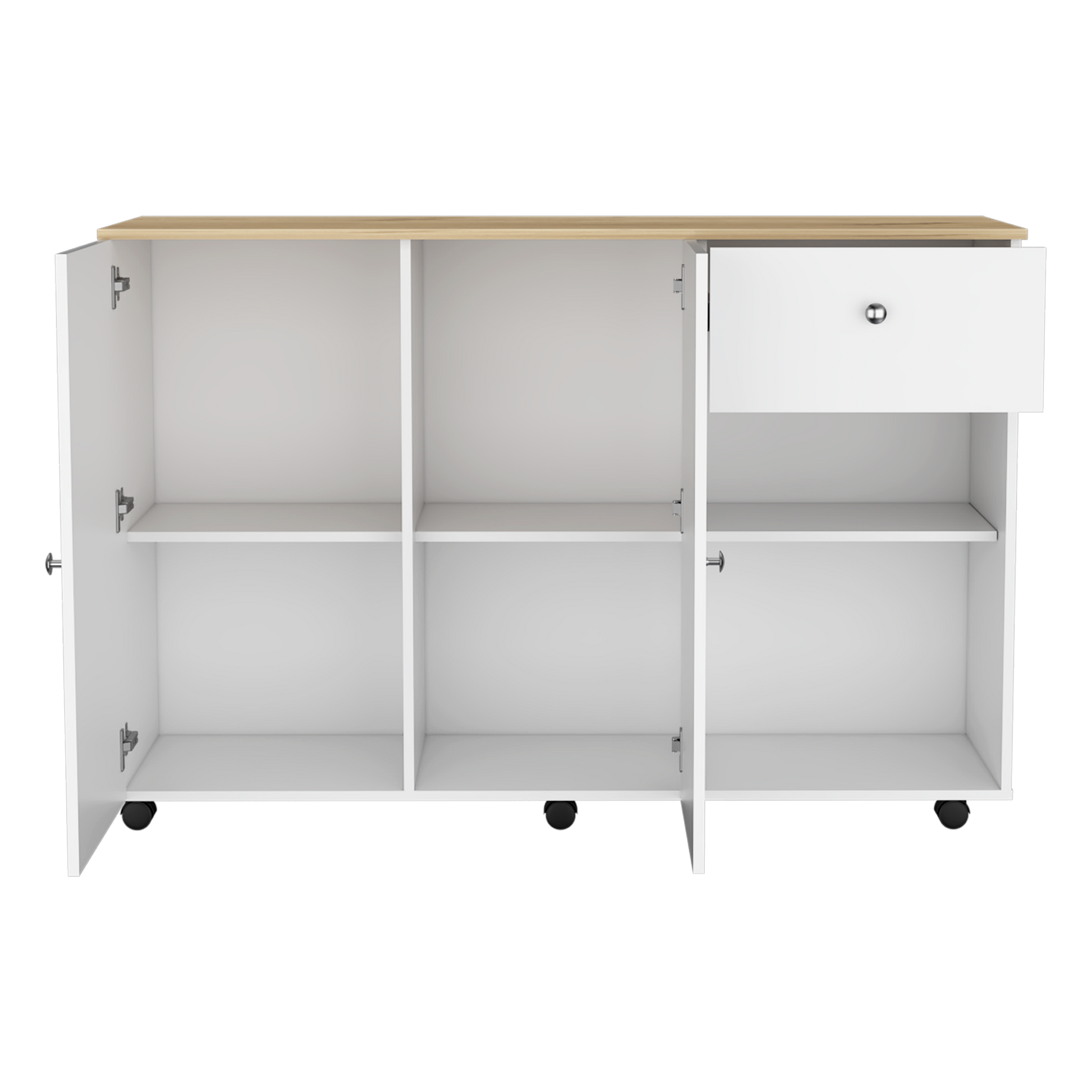 White and wood grain storage cabinet with open doors and one drawer