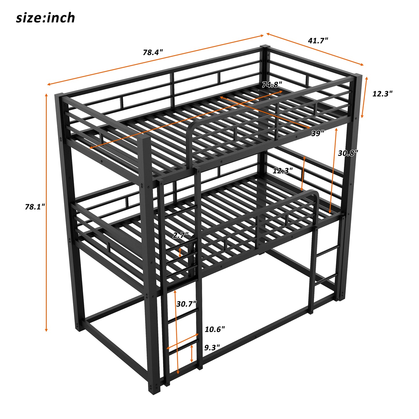 Black metal twinovertwin bunk bed with integrated ladder and safety rails