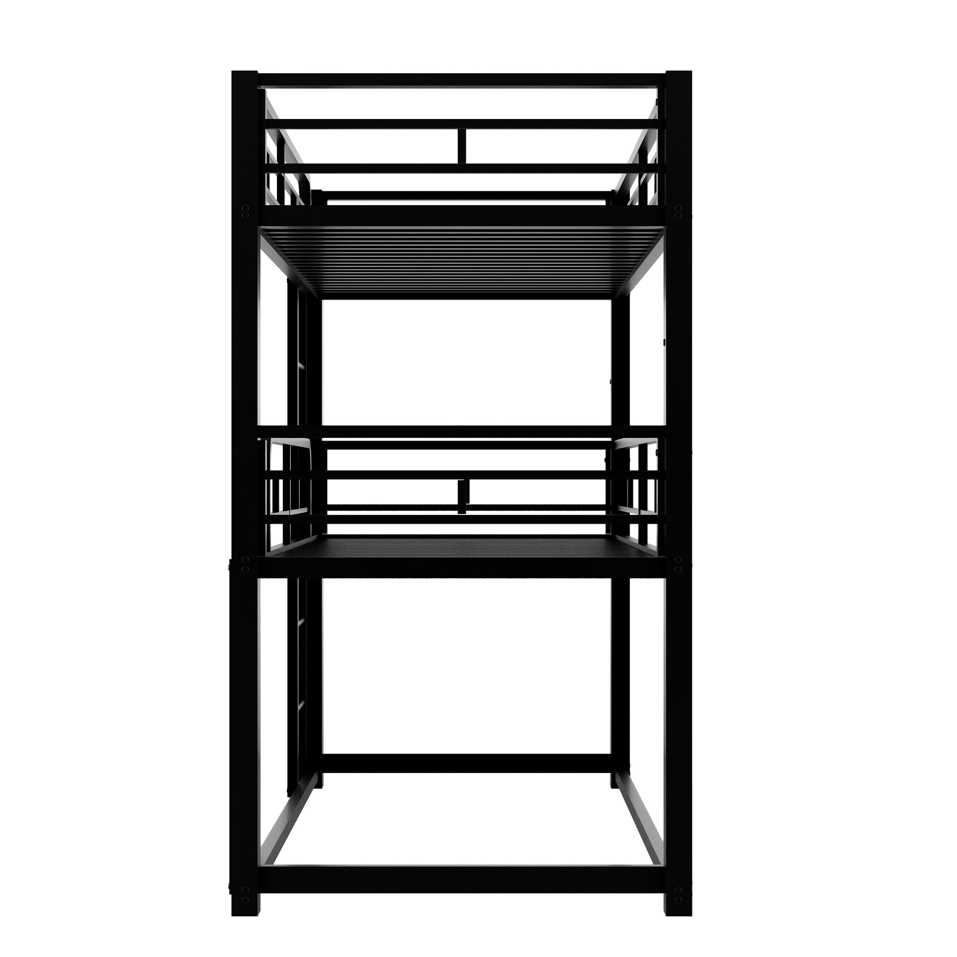 Black metal triple bunk bed frame with slatted surfaces and sturdy supports