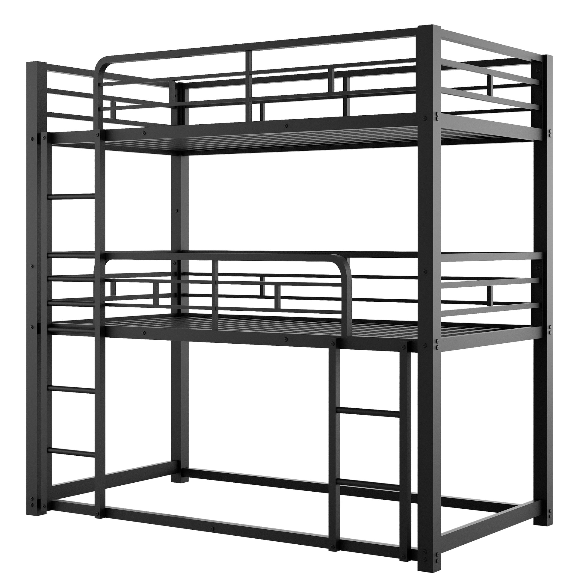 Black metal triple bunk bed with ladders on both sides