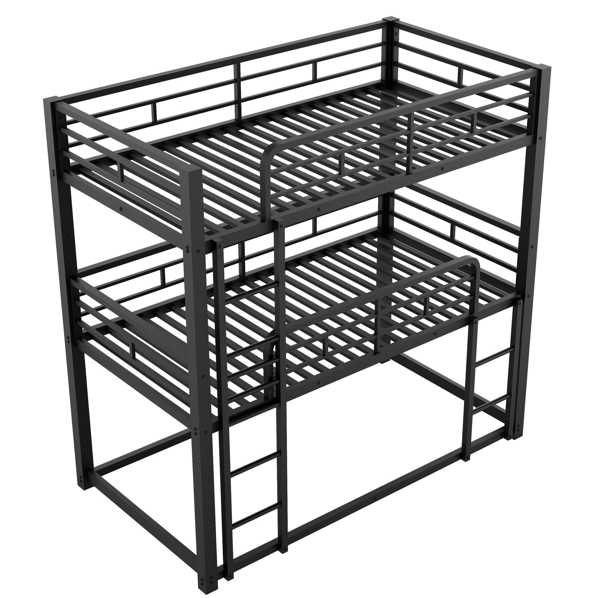 Black metal twin over twin bunk bed with ladder and guardrails