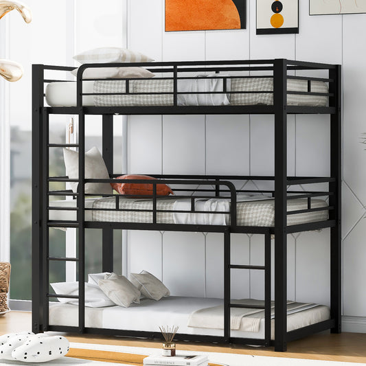 Black metal triple bunk bed with white bedding and pillows