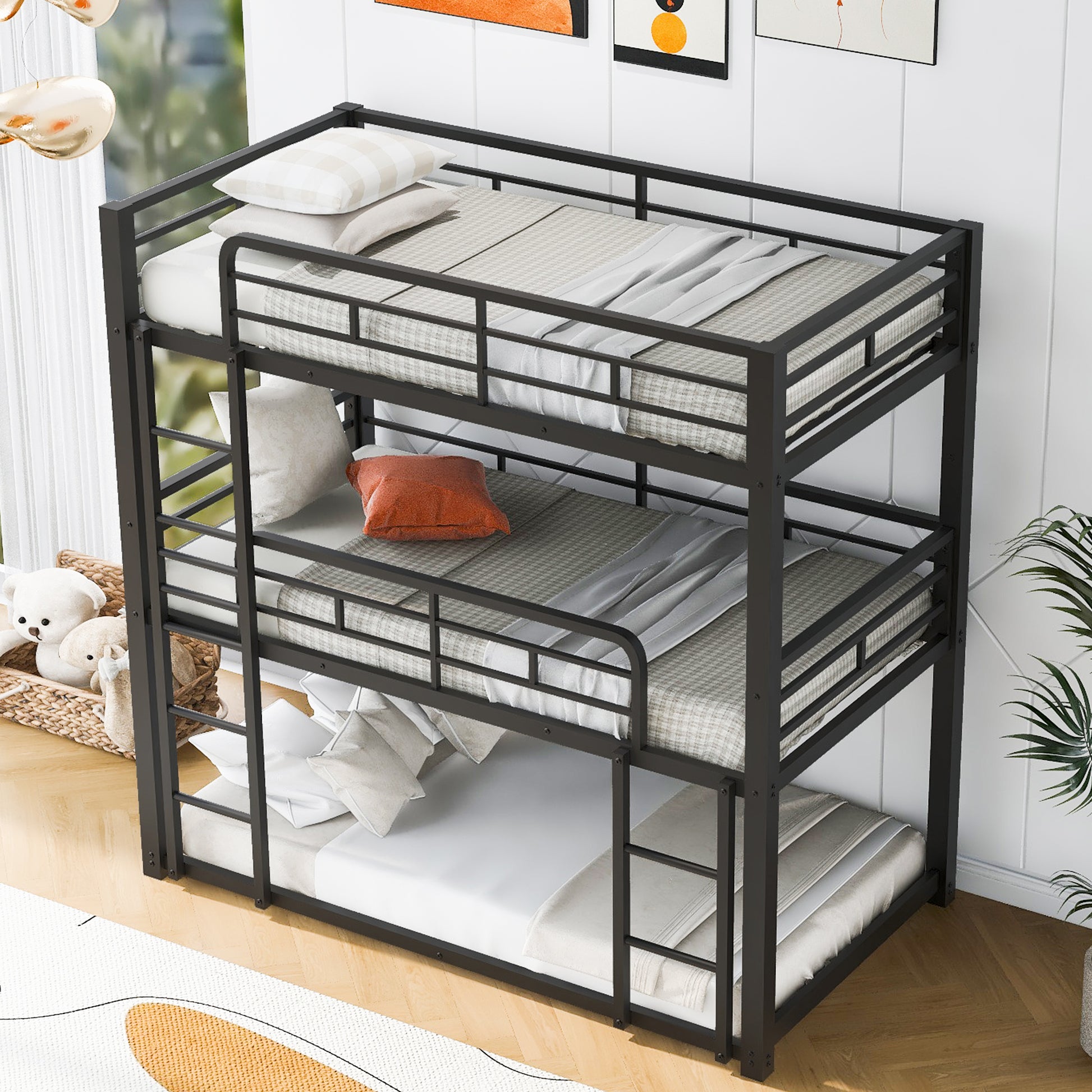 Black metal triple bunk bed with mattress and bedding