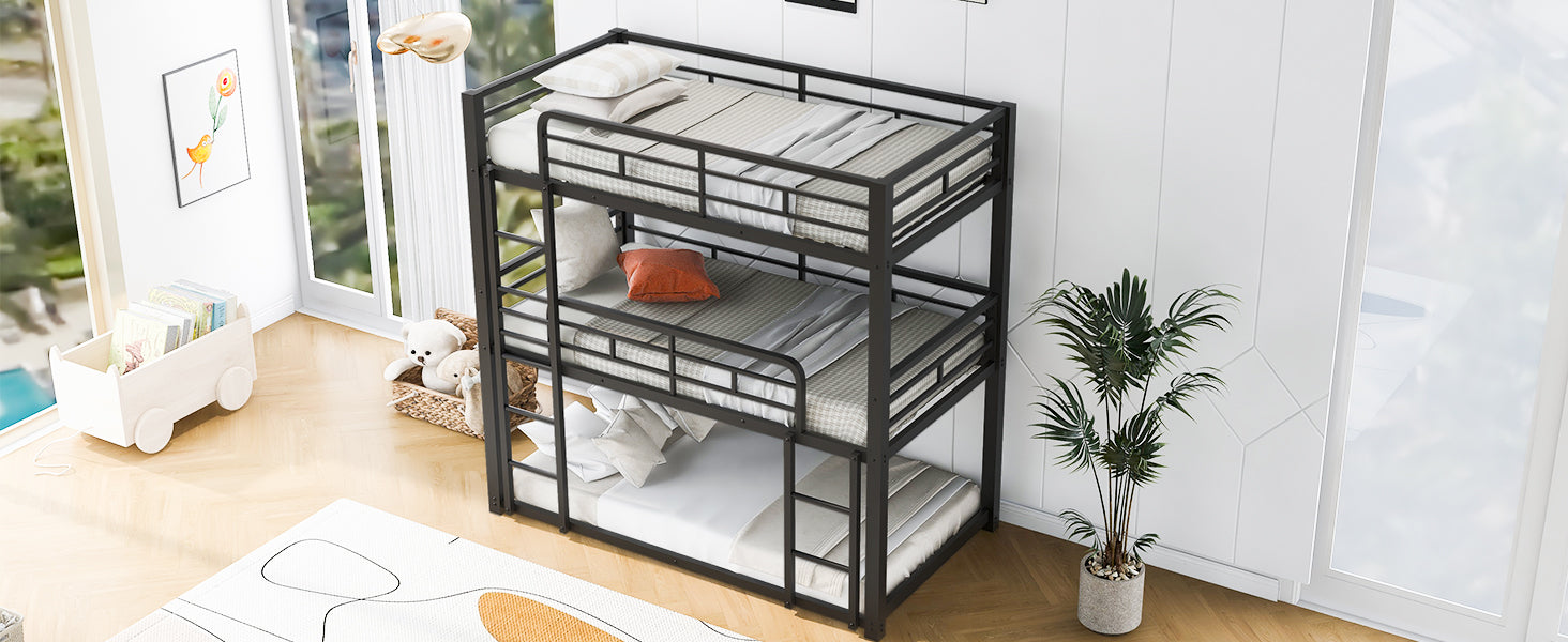 Black metal triple bunk bed with mattresses and pillows