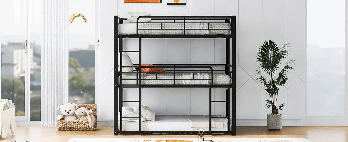 Black triple bunk bed with metal frame and safety rails