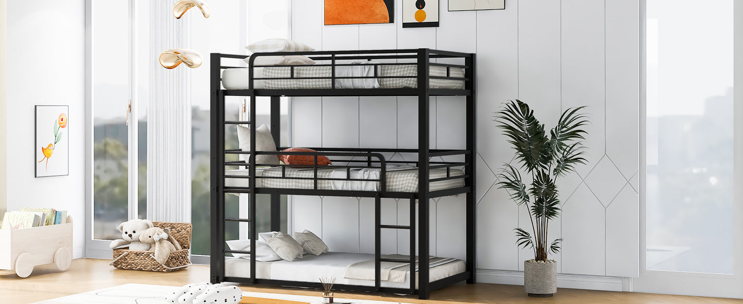 Black metal triple bunk bed with mattresses and pillows