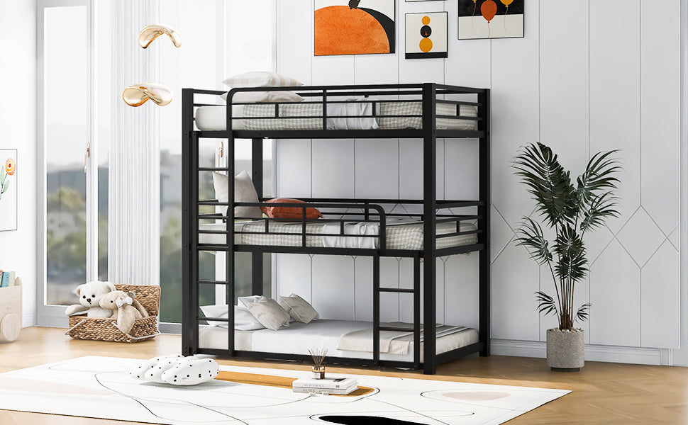 Black metal triple bunk bed with guardrails and mattresses for kids